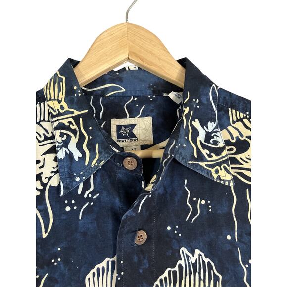 Fishtech Shirt Mens XLT Navy Fish Print Hawaiian Batik Cotton Beach Coastal Dad - Picture 3 of 12